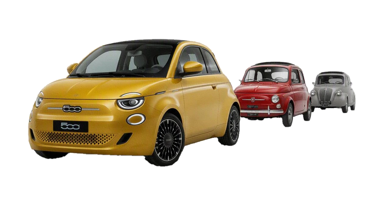 Tres generaciones de Fiat 500 en un estudio fotográfico: el Topolino de 1950, el Nuova 500 rojo y el nuevo 500 amarillo de hoy